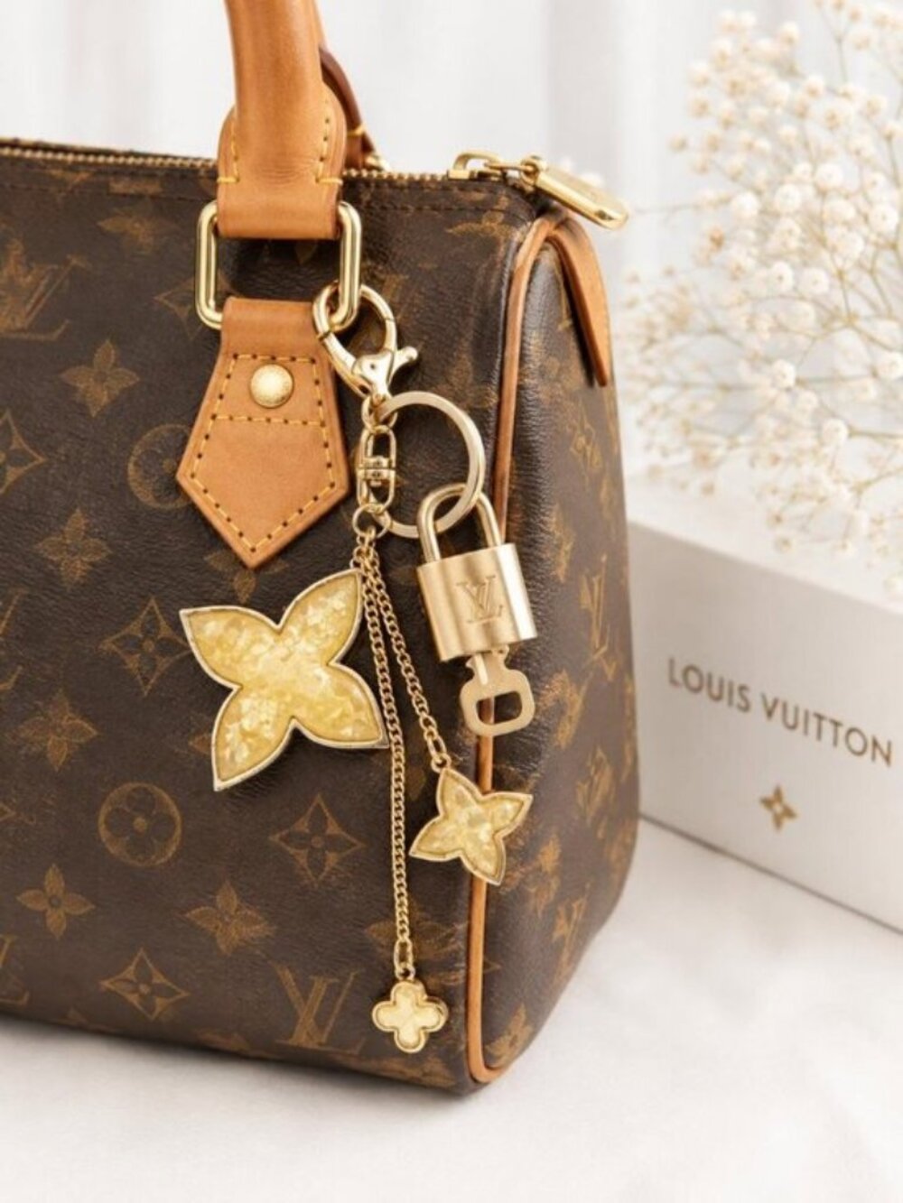 LV Gold Padlock 🔑 Authentic Louis Vuitton Charm + Unbranded Flower Keychain